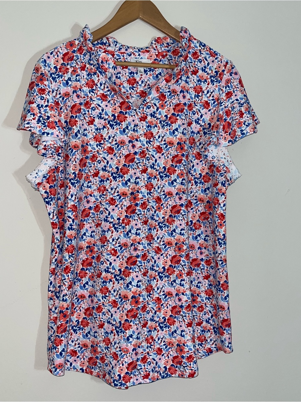 Floral Eyelet Ruffle Sleeve Women's Top - pink, red, blue